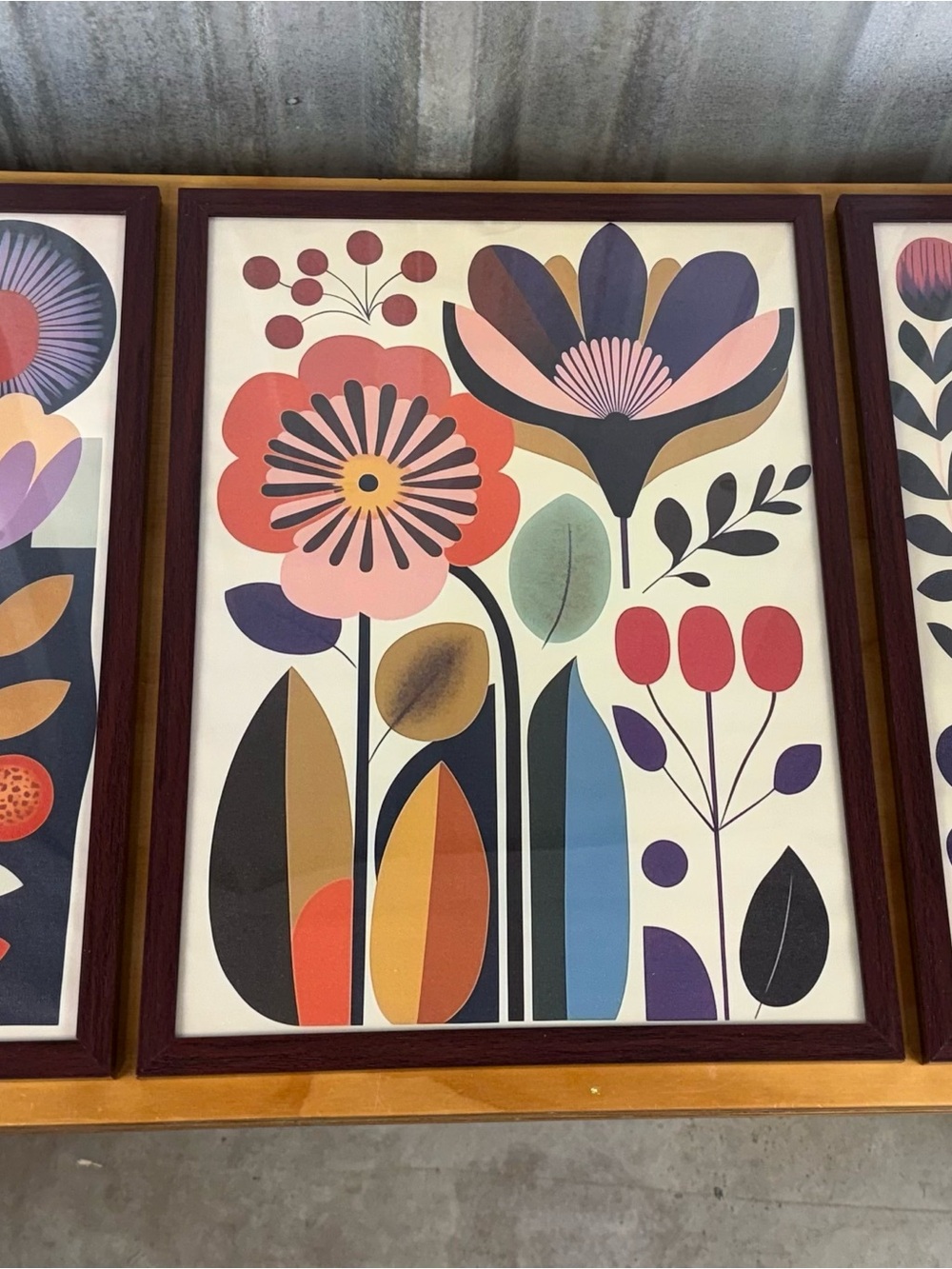 Framed Mid-Century Modern Style Floral Art Prints 12x16 Set of 3 - Multicolor